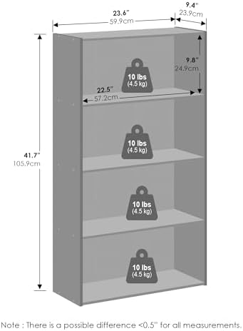 Furinno Simple Book Shelf, 4-Tier Bookshelf, Bookcase with Open Shelf, 9.4 x 23.6 x 41.7, for Living Room, Bedroom, Home