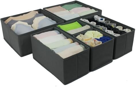 Amazon Basics Collapsible Cloth Drawer Organizer Boxes for Socks, Underwear and Baby Clothes, Storage Bins, Gray, Set of 6