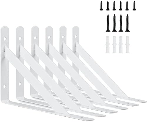 8 Inch Shelf Brackets, 6 Pack Heavy Duty L Brackets for Shelves, 90 Degree Triangle Metal Supports for DIY Floating Shel