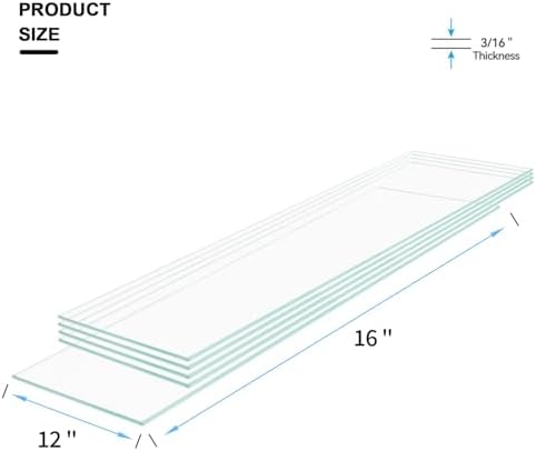 12" W x 16" L - Tempered Rectangle Glass Shelf Without Frame (5 Pieces Set) - 3/16" Thick -Pencil Polished