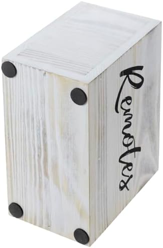 MyGift TV Remote Control Holder Organizer, Wood DVD Remote Caddy Storage for Table, 2 Large Compartment, Shabby Whitewashed Solid Wood with Black Cursive Remotes Label