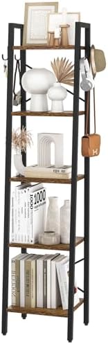 YMYNY 5 Tiers Ladder Bookcase, Industrial Narrow Bookshelf, Open Display Rack with 4 S Hooks, Metal Storage Shelves for 