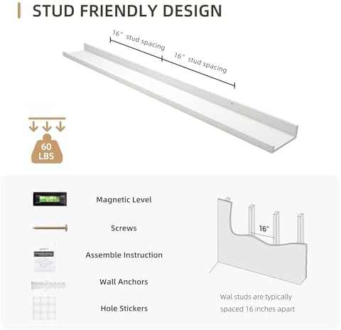 Acovy Picture Ledge Shelf, Wood Floating, Set of 2, 48 inch, White