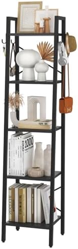 YMYNY 5 Tiers Ladder Bookcase, Industrial Narrow Bookshelf, Open Display Rack with 4 S Hooks, Metal Storage Shelves for 
