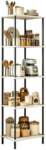 5 Tier Corner Bookshelf,Wooden Standing Shelf Unit with Metal Frame,Anti-Tip Design Narrow Storage Organizer for Small S