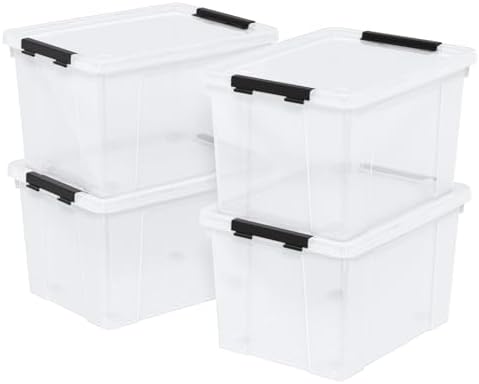 35 Quart Plastic Clear Latching Storage Box with Wheels, 4-Pack