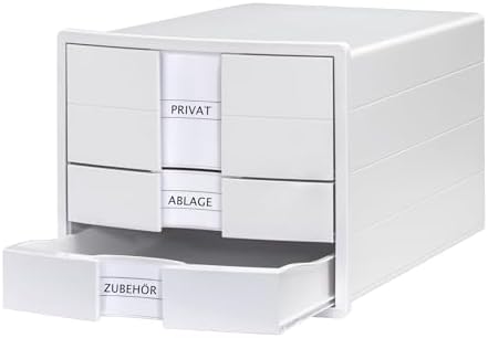 HAN IMPULS 2.0 Drawer Box with 3 Closed Drawers for DIN A4/C4 Including Labelling Labels, Document Box, Base with Pull-Out Lock, Furniture-Friendly Rubber Feet, 1017-12, White