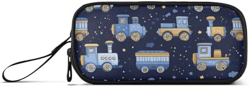 Fisyme Trains Cute Blue Pencil Case Large Capacity Pen Box Makeup Pouch Holder Organizer Stationery Bag for School Office College Traval