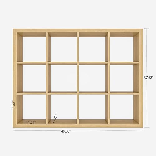 furtble Bookshelf with Storage Bins, 12-Cube Storage Organizer, Modern Wood Open Bookcase, Multifunctional Display Shelf