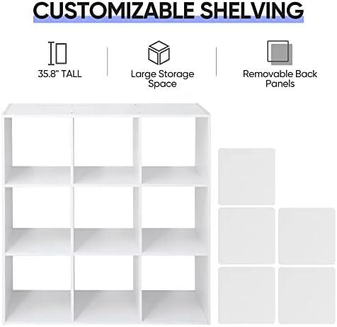 SUPER DEAL 9 Cube Storage Organizer 11 inch Cube Storage Shelf 3 x 3 Wood Bookcase Display Bookshelf with 5 Removable Ba