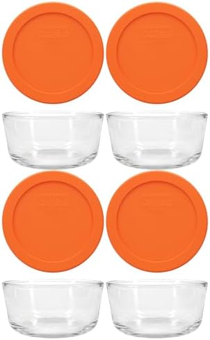 Pyrex 7200 (2-Cup) Glass Bowls With Orange Lids (4-Pack) - Made in USA