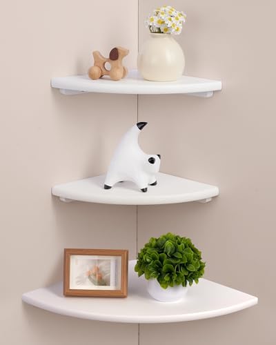 White Floating Corner Shelves, Set of 3 Corner Wall Shelves with Cable Hole Soild Wood Wall Storage Display Wall Mounted