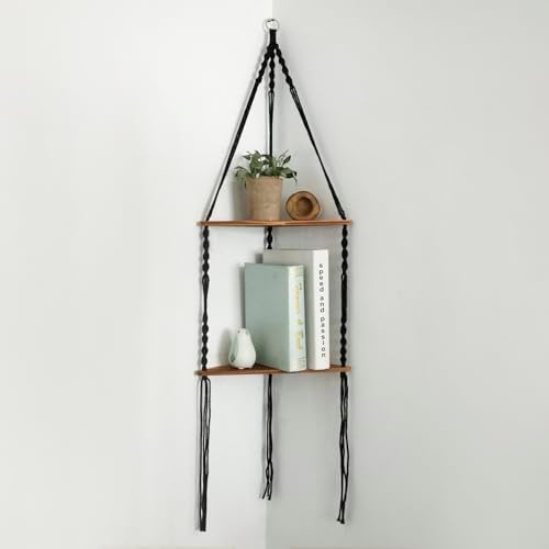 Artilady Corner Shelf Macrame Wall Hanging Balck, Boho Wood Storage Decor