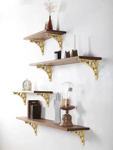 Decorative Shelf Bracket 8 inch, Gold Decorative Brackets for Shelving, Heavy Duty Vintage, DIY Projects, Hardware Inclu