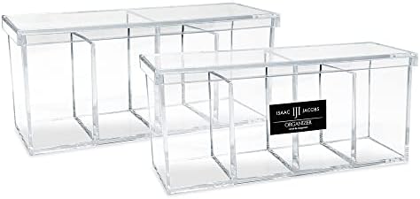 Isaac Jacobs 2-Pack 4-Compartment Clear Acrylic Organizers with Lid (9” L x 3” W x 4” H), Makeup Brush Holder, Sectional
