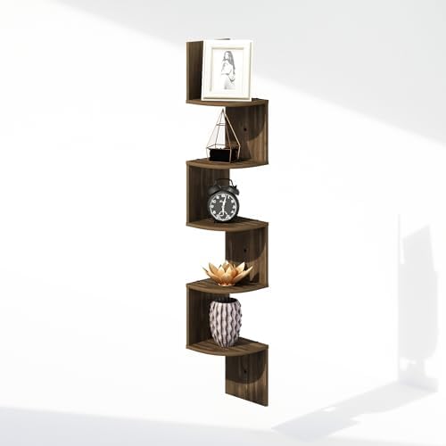 Furinno Rossi 5-Tier Rustic Brown Floating Corner Shelf for Wall, Corner Zigzag Shelf Wall Mounted, Radial Wall Mount Sh