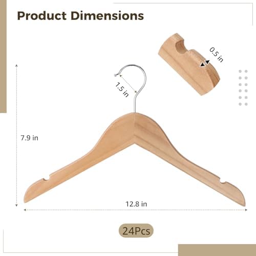24 Pcs Small Wooden Hangers - Solid Wood Clothes Hangers with 360° Swivel Hooks & Notches for Small Jackets, Shirts, Dresses, Coats