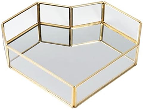 Heart-Shaped Vintage Gold Mirror Glass Vanity Tray,Ornate Geometric and Brass Plated Display Storage Organizer for Makeu