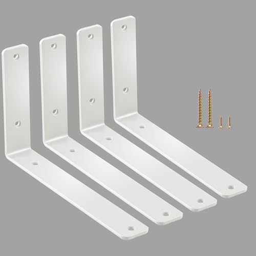 4 Pack - L 6" x H 4" x W1.5, 5mm Thick White L Shelf Bracket, Iron Shelf Brackets, Metal Shelf Brackets, Floating Shelf,