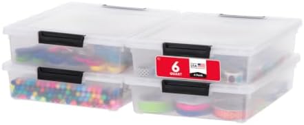 IRIS USA 4-Pack 6 Qt Storage Bins with Lids, Clear/Black