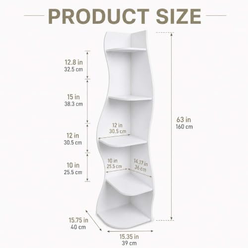 HRVEOCEI 5-Tier Wavy Corner Shelf with Curvy Shape for Small Space, White