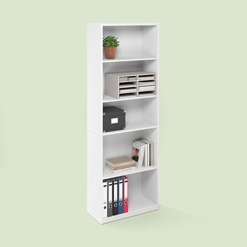 Hagen 5-Tier Bookshelf, 71 Inch Tall Bookcase, with Adjustable Shelves, for Living Room, Home Office, Study, White