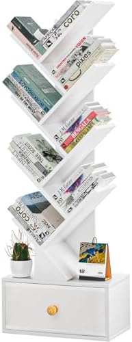 SHEEPAM 8-Tier Tree Bookshelf Floor Standing Storage Bookcase with Drawer