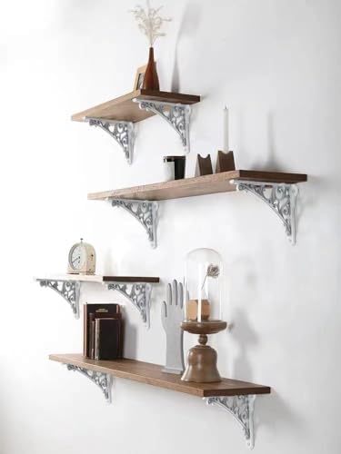 Decorative Shelf Bracket 10 inch, White Brackets for Shelving, Heavy Duty Vintage, DIY Projects, Hardware Included, 4 Pa