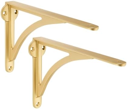 khtumeware 100% Solid Brass Decorative Shelf Brackets, 10-inch Wall-Mounted Shelving Brackets, 2-Pack Antique Gold Vinta