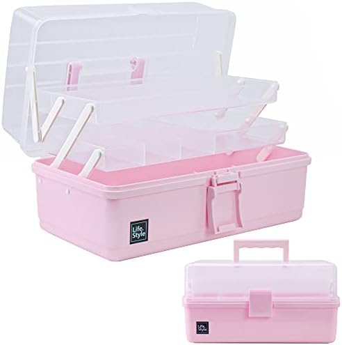 Creahaus 13 inch Art Craft Organizer Storage Box with 3 Layer, Multipurpose Plastic Tool Box with Handle for Sewing, Art