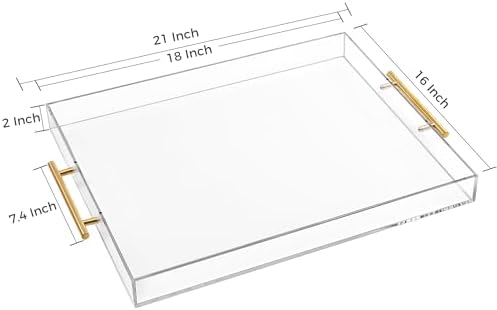 Large Clear Acrylic Serving Tray (16×18 Inches) with Gold Handles Spill Proof Acrylic Decorative Tray Organiser for Otto