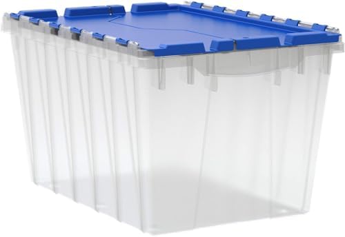 Akro-Mils KeepBox 12 Gal Storage Box, Lid Attached, Stackable, Clear/Blue