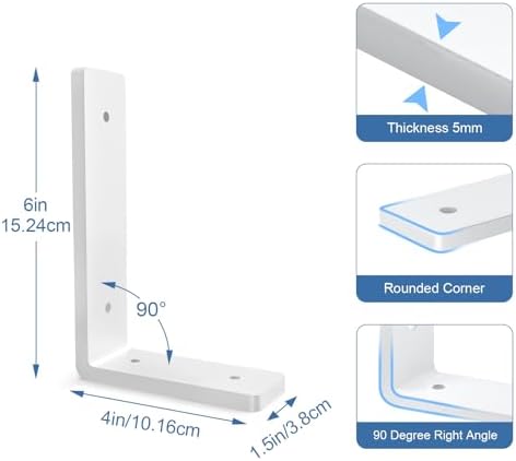 Heavy Duty Shelf Brackets, 4 Pack 6 Inch White L Metal Shelving Brackets, 5mm Thick Rustic Shelf Support Bracket for DIY
