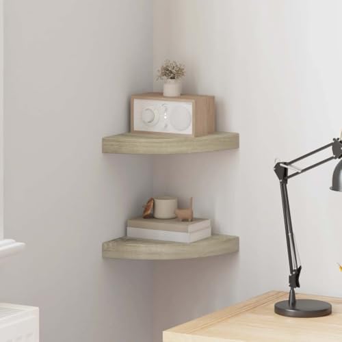 vidaXL Floating Corner Shelves (Set of 2) - Stylish Wall-Mounted Oak Display Shelves - Honeycomb MDF and Metal Material 