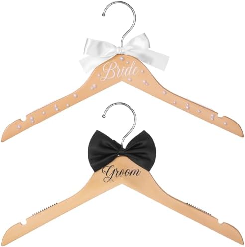 Beeveer 2 Pcs Bride Groom Wooden Hangers Bow Tie Wedding Gift,Fresh
