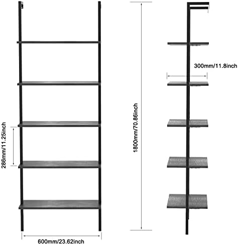 Ladder Shelf Bookshelf, 5-Tier Industrial Bookshelf with Metal Frame and Wood Board, Wall Mounted Bookcase Open Shelf Or