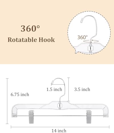 AMKUFO Pants-Hangers-with-Clips-15-Pack, 14 Inch Clear-Plastic-Skirts-Hangers-with-Adjustable-Clips for Shorts Jeans Trousers, Clothes-Hangers Non-Slip Clip-Hangers