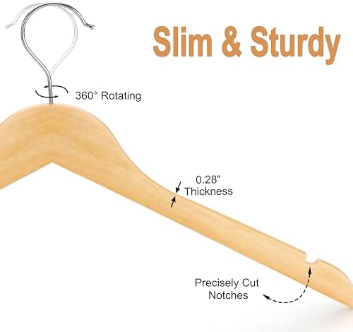 TOPIA HANGER Wooden Hangers 48 Pack, 0.28-inch Slim & Durable Clothes Hangers Space Saving, Natural Wood Hanger with 360
