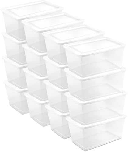 Sterilite Storage Box, Clear Plastic Snap Lid Tote, White, 90 Qt, 16-Pack