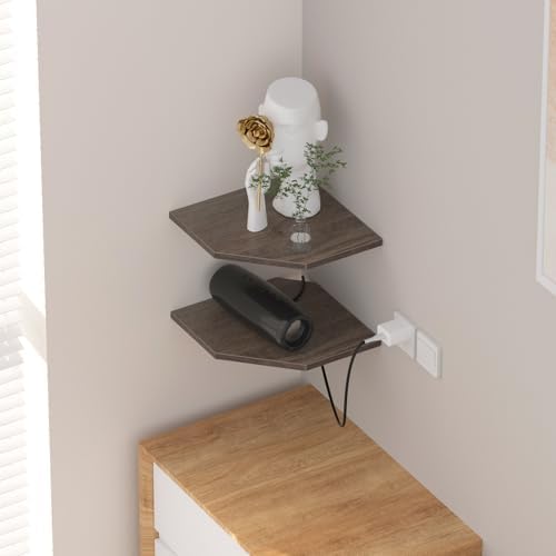 JJL Corner Shelf, 12 Inch Corner Shelf Wall Mounted with Wire Hole, 2 Tier 13.3 Inch Deep Wooden Corner Hanging Shelves 