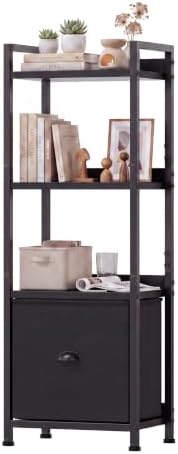 OLIXIS 4 Tier Bookshelf with Drawer, Narrow Freestanding Open Bookcase