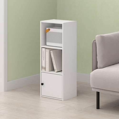 Hagen 3-Tier Bookshelf, 32 Inch Tall Bookcase with Open Shelves and Door, for Living Room, Home Office, White