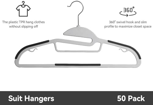 Plastic Hangers Pack of 50, Heavy-Duty Non-Slip Clothes Hangers Space Saving with 360° Swivel Hook Grey/Silver