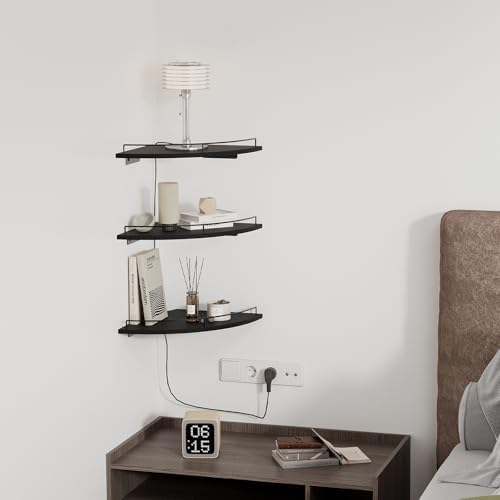JJL Corner Shelf with Rails, 3-Tier Fan-Shaped Floating Corner Shelf Wall Mounted, 12 Inch Black Rustic Wood Heavy Duty 