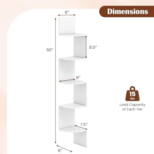 GOFLAME Corner Shelf Wall Mounted, 5-Tier Floating Corner Bookshelf, Wood Plant Stand, Modern Floating Display Rack for 