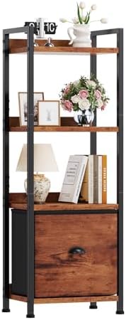 DUMOS 4 Tier Bookshelf with Fabric Drawer, Display Standing Shelf, Brown