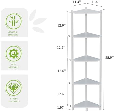 Wisuce Bamboo Tall Corner Shelf Stand, 5-Tier White Corner Bookshelf