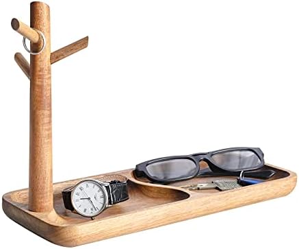 Wood Key Tray for Entryway Table, Jewelry Tray, Catchall Tray with 3 Stand Hanging Organizer, for Rings, Phone, Bracelet