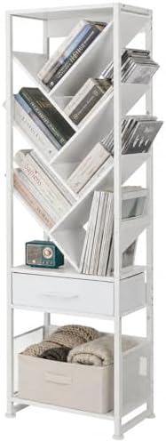 Bookshelf with Drawer,10 Tier Tree Bookcase Retro Floor Standing Bookshelves,Tall Wood Bookcases with Cabinet Storage Or