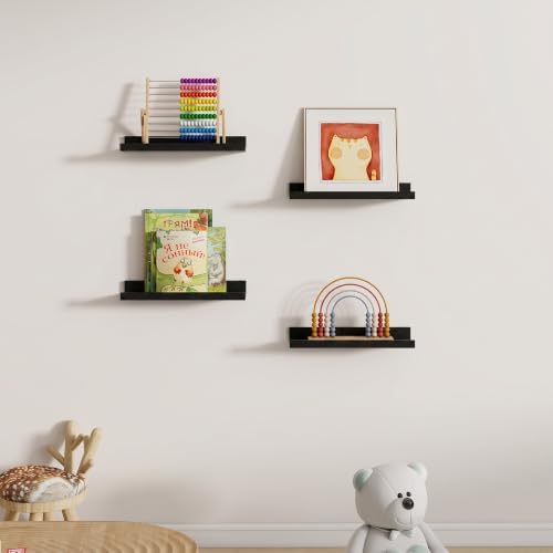 Dreamland Picture Ledge Shelf for Wall, Floating Shelves Set of 4,16 inch Long Floating Shelves with Lip for Living Room,Bedroom,Bathroom,Kitchen,Black